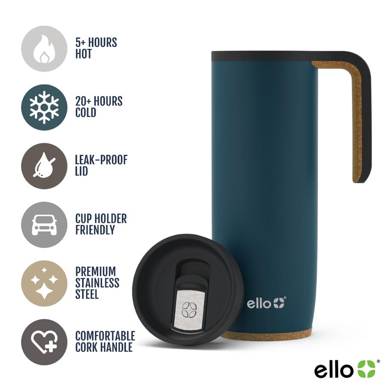 Ello Magnet 18oz Stainless Steel Travel Mug with Handle and Leak Proof Lid | Vacuum Insulated Coffee Cup Keeps Drinks Hot for 5 Hours | BPA Free Tumbler with Built In Coaster, Poseidon - Image 2